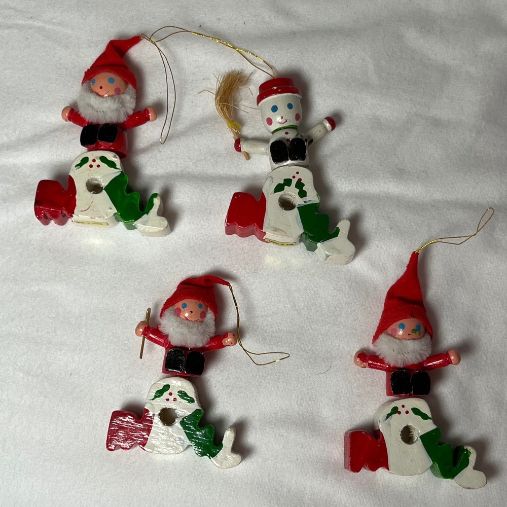 Vintage Wooden Christmas Ornaments Set of 4‎ Santa Snowman Hand Painted
